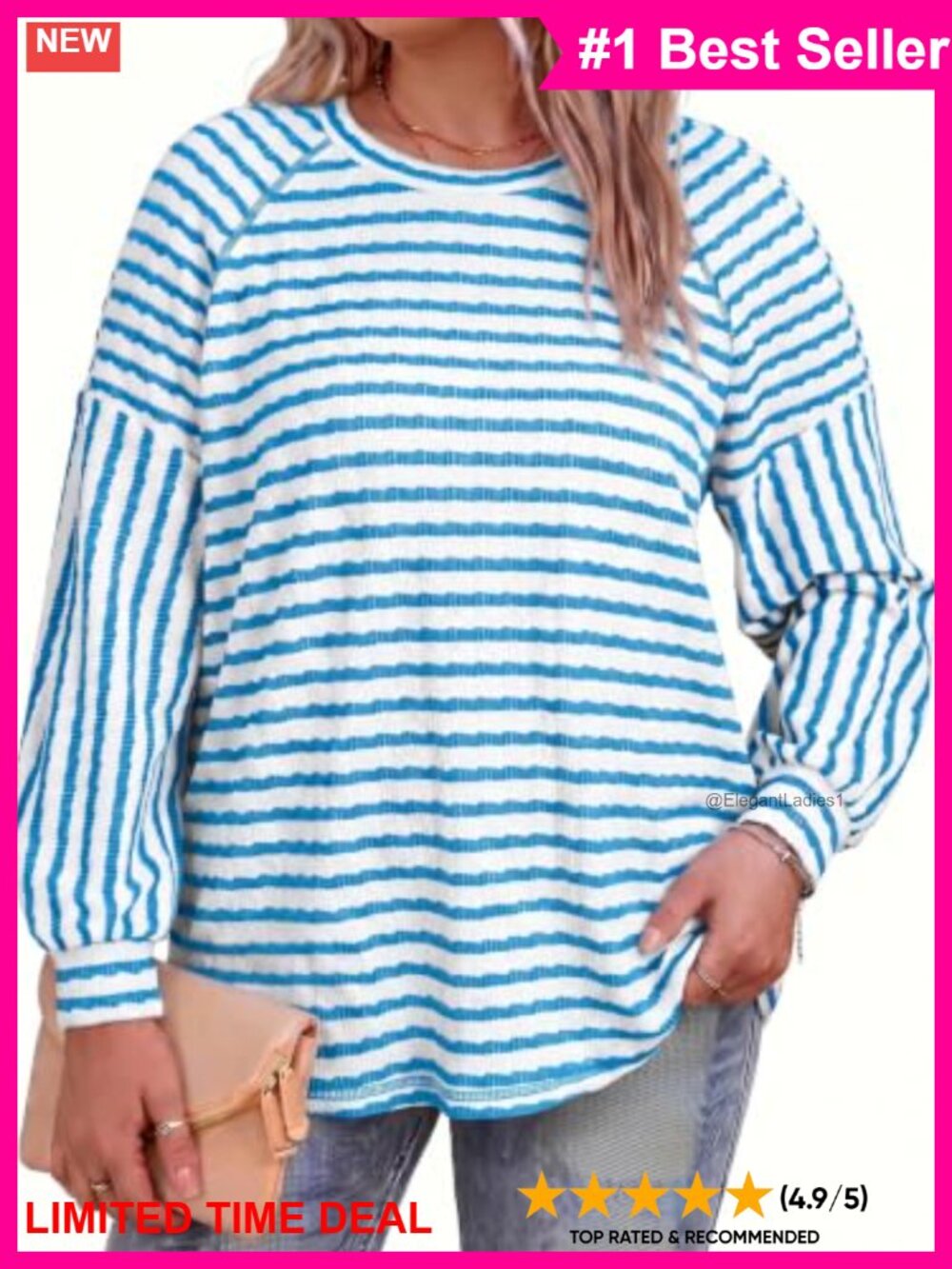 Plus Size Striped Long Sleeve Raglan Tee Crew Neck Crinkle Texture